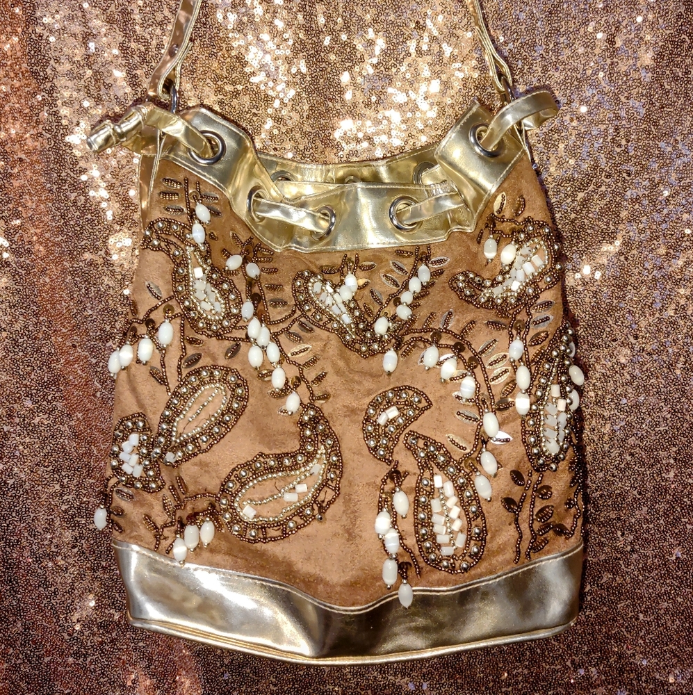 Medium Gold Beaded boho suede shoulder bag
